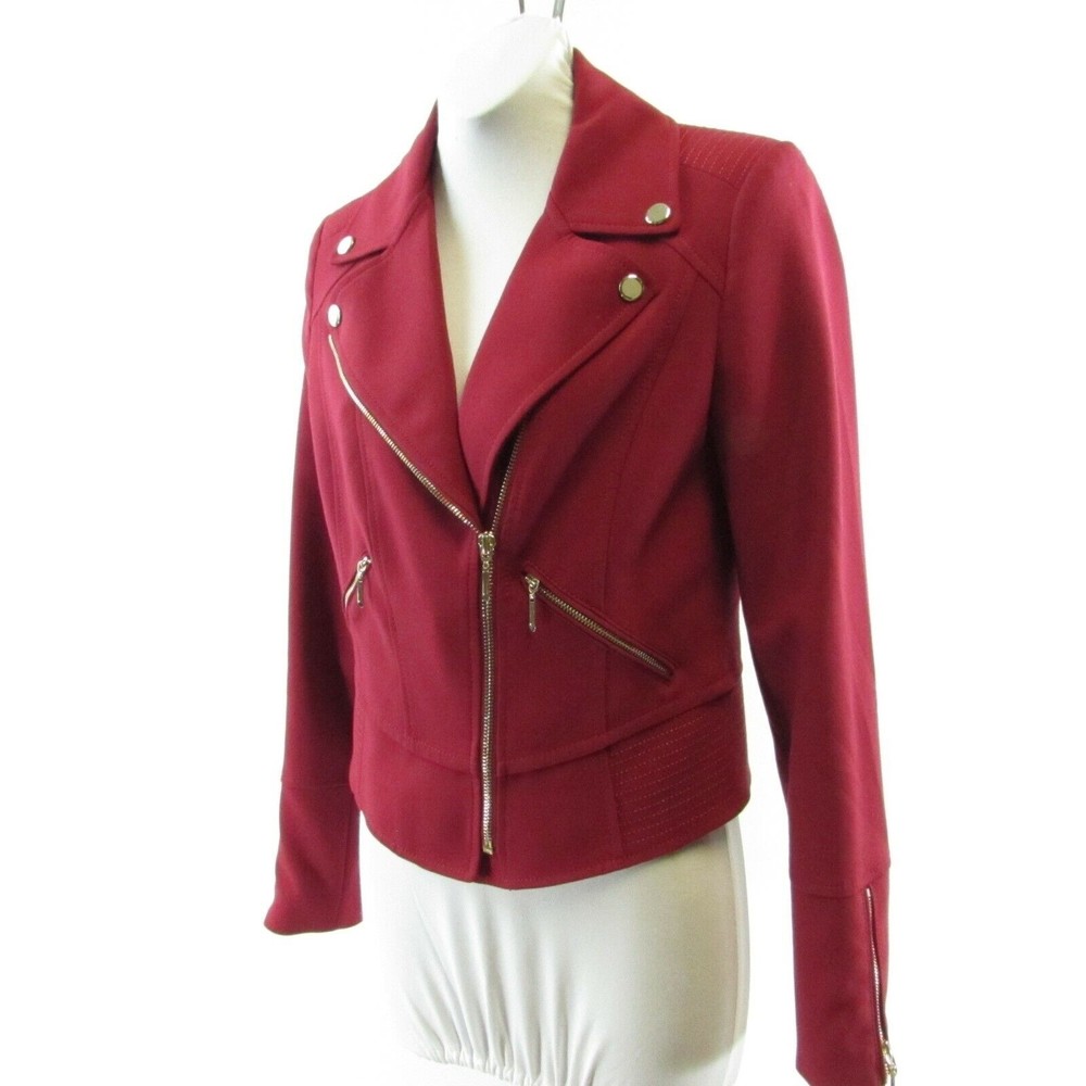 WHBM Red Motto Jacket Size 2 Gold Accents Pockets Ponte Knit Cropped NEW $150